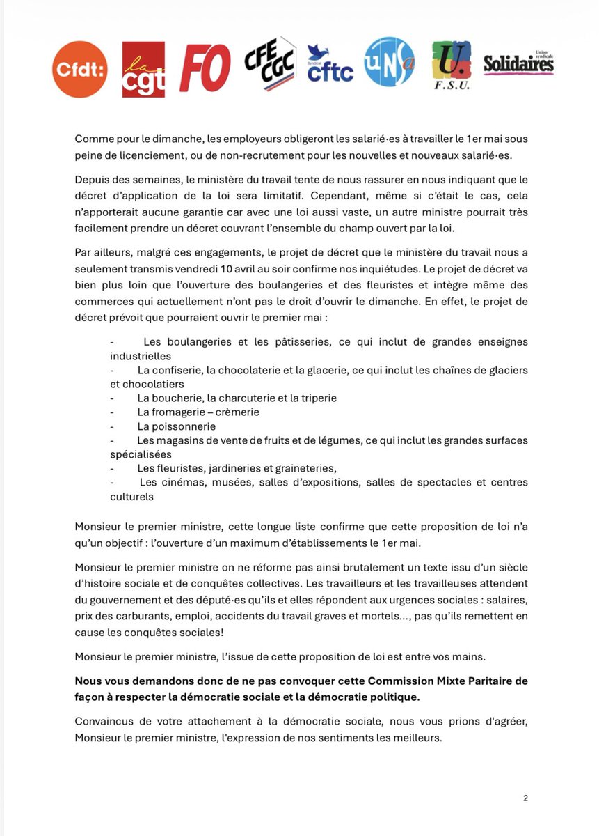 SyndicatCFTC's tweet photo. 1er Mai : Lettre ouverte au Premier ministre

La #CFTC et l'intersyndicale interpellent @SebLecornu  contre le projet de loi menaçant le caractère chômé du 1er mai.

Nous refusons la remise en cause de nos conquêtes sociales !
Retrouvez le courrier complet ici⤵️

🧶1/3