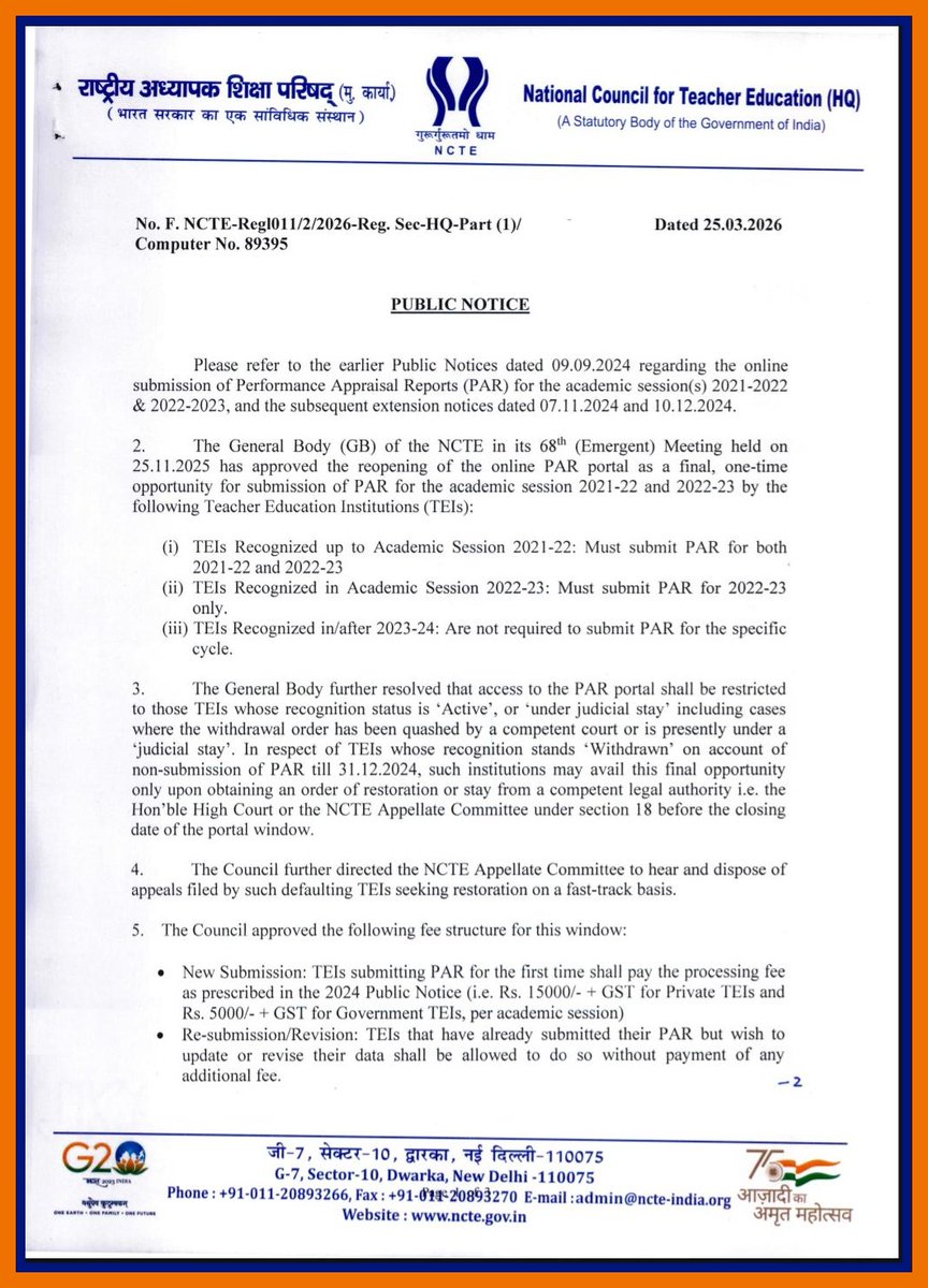 NCTE_Official's tweet photo. #NCTEUpdates: On 25/3/2026, #NCTE issued a public notice directing recognized Teacher Education Institutions (#TEIs) to submit Performance Appraisal Report (PAR) for the 2021-22 & 2022-23 academic sessions via portal.
TEIs may update contact details here: https://t.co/r4BINk2auz https://t.co/YBdWe2ODsQ