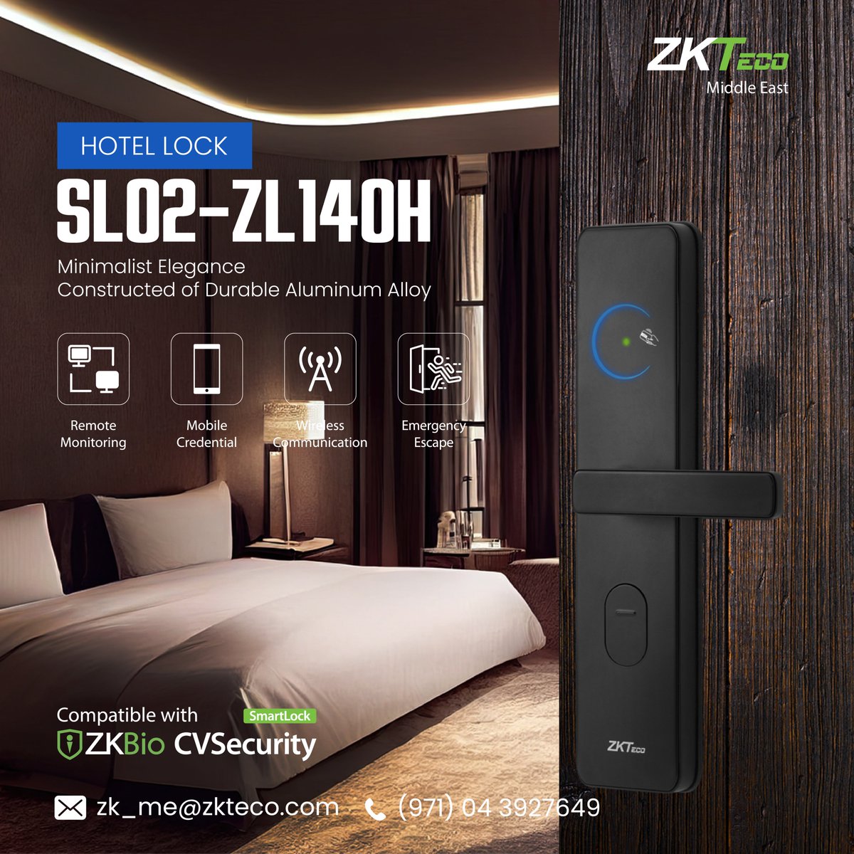 ZKTecoME's tweet image. SL02-ZL140H wireless hotel lock offers seamless control with ZKBio CVSecurity SmartLock—featuring remote access, real-time monitoring, and unlock record sync. Ideal for smart hotels and resorts.

#ZKTeco #SmartLock #SmartHotel #AccessControl #SecuritySolutions #ZKTecoProduct