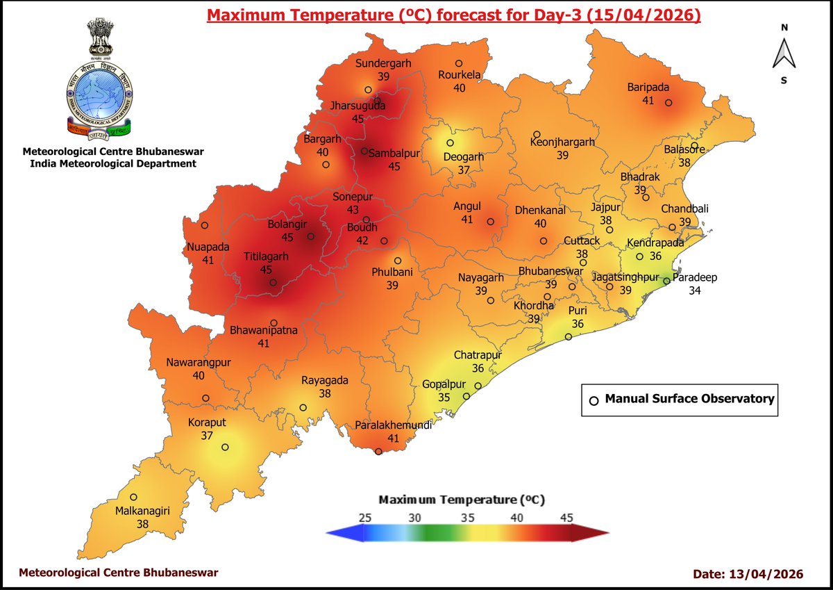 mcbbsr's tweet image. Maximum Temperature Forecast for next 5 days
#Odisha #hot #temperature