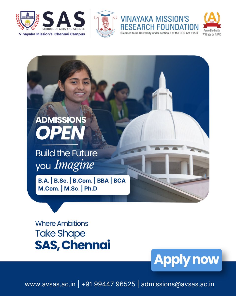 avsas_ac_in's tweet image. The journey to your dream career begins here

Choosing where to study is about more than just a classroom it’s about finding a place that challenges you to be your best. 

Apply today
avsas.ac.in  +91 99447 96525

#VMCC #SASChennai #AdmissionsOpen #FutureLeaders
