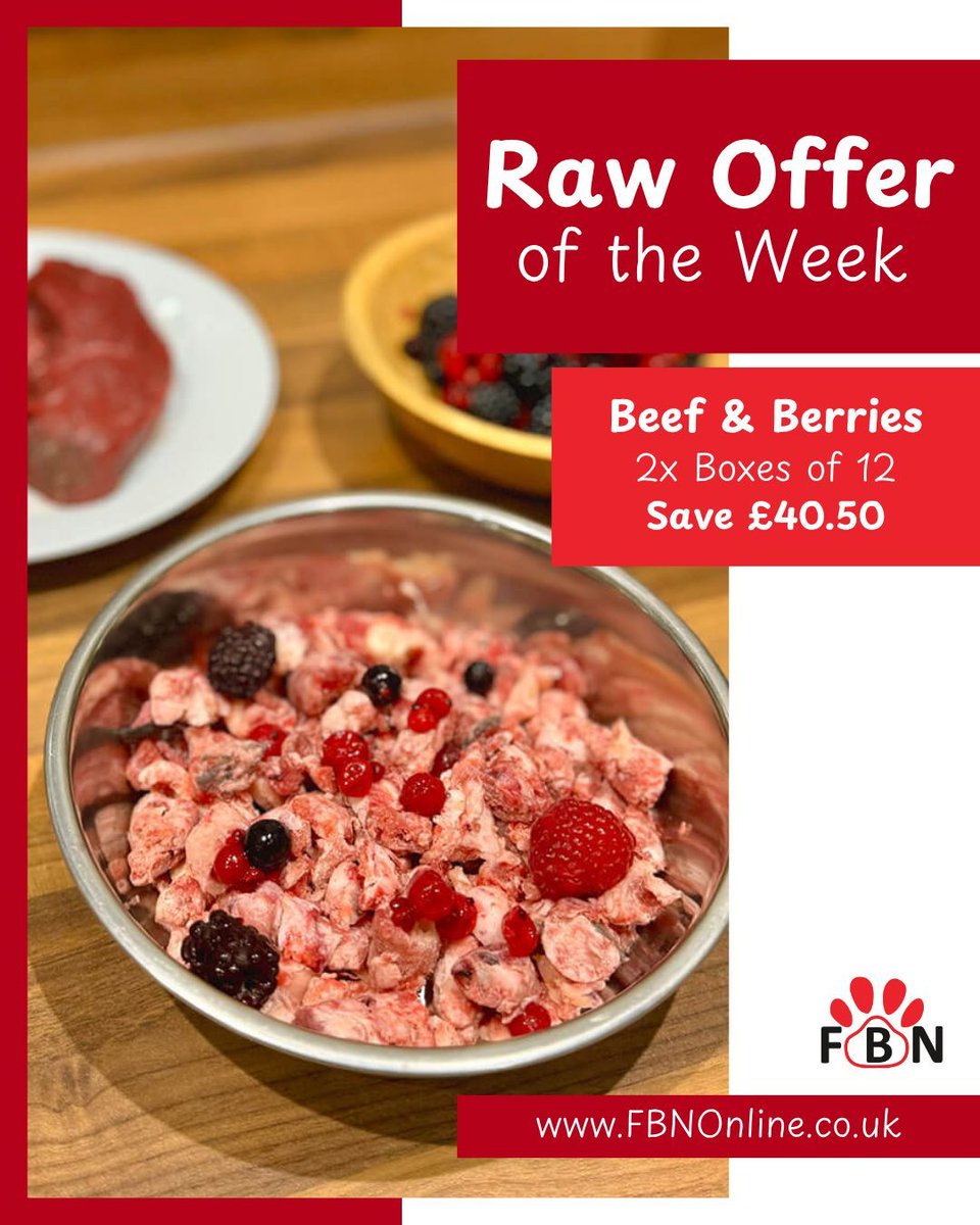 Our Raw Offer this week is... Beef &amp; Berries 🥩🍓
Buy 1 Box, Get 1 Half Price - Save £40.50! 🐾
Packed with high-quality protein for muscle strength, plus antioxidant-rich berries to support immunity and digestion 🐕
Shop the offer here > buff.ly/jdEbPUd 
#FBN #rawdogfood
