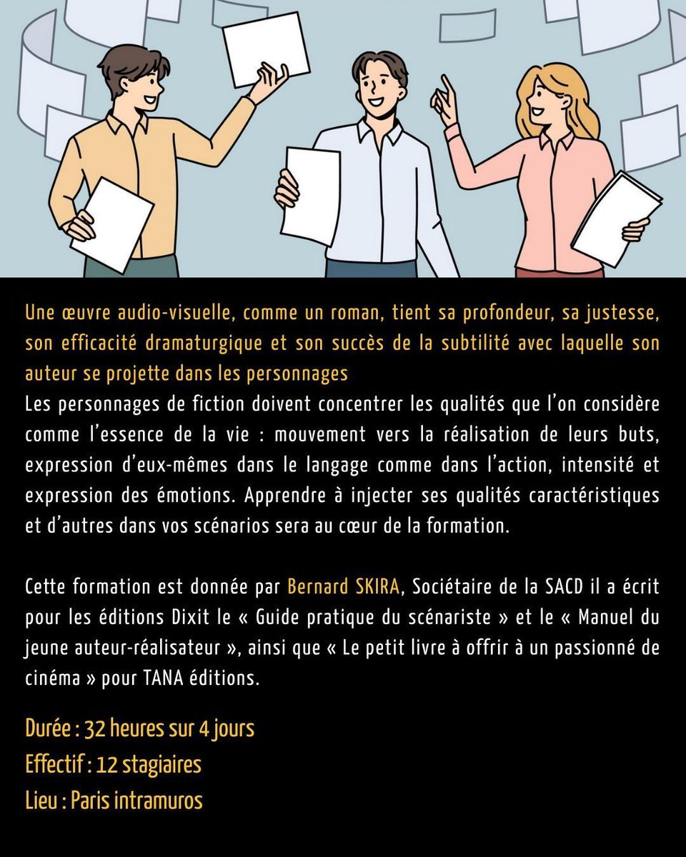 scenaristes's tweet image. Un scénario vaut ce que valent ses personnages.

Formation Les personnages au cœur de l’histoire avec Bernard Skira.

📅 27–30 avril 2026 – Paris

Inscriptions 👇
buff.ly/y78UBRZ
candidature@script-services.fr

#scenariste #dramaturgie #formation