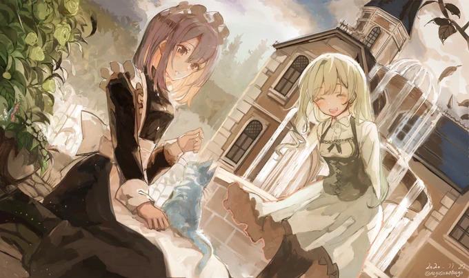 無口なメイドさんとお嬢様ちゃん その1(再掲) #オリジナルイラスト お嬢様ちゃんは年下だけどツェリスカさんよりお姉さんな一面を見せることがある