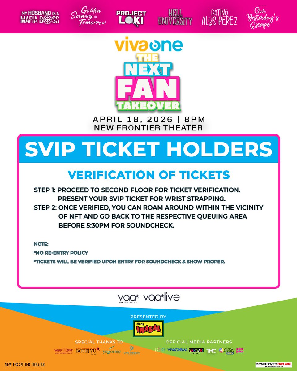 vaa_live's tweet photo. Attention, Fans! Please be guided accordingly. 📢✨

Here’s the official schedule and venue guidelines for Viva One’s The Next Fan Takeover! To make the most on April 18, make sure to check the event schedule, prohibited items, and Hi-Bye session reminders. https://t.co/hZoaGFPXVm