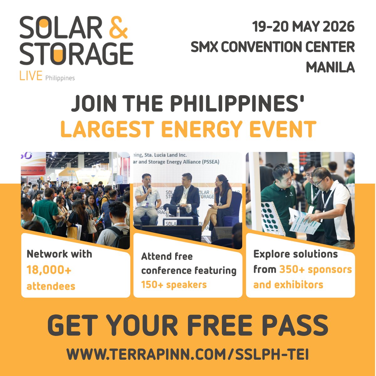 TEITimes's tweet image. Join us at Solar &amp;amp; Storage Live Philippines 2026 on 19–20 May at SMX Manila, bringing together 350+ brands, 150+ expert speakers, and 18,000+ professionals. Be part of the conversation shaping what comes next.
🎟️Free pass: terrapinn.com/SSLPH-TEI  #SolarStorageLivePH