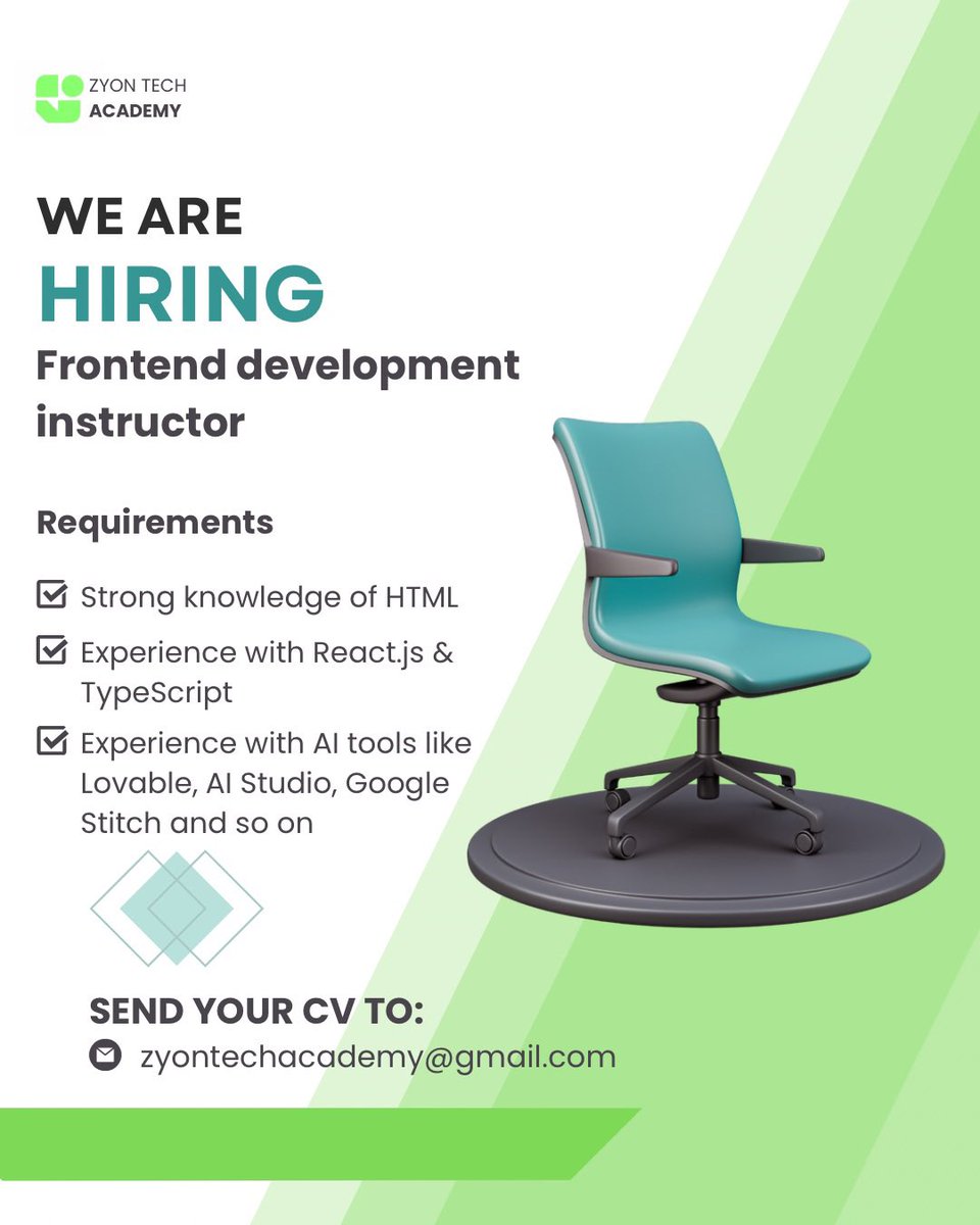 zyontechacademy's tweet photo. We are hiring!
Frontend Development instructor needed💻

📩Apply: zyontechacademy@gmail.com

#jobs #frontend #zyontechacademy https://t.co/WQxHGsSHcL