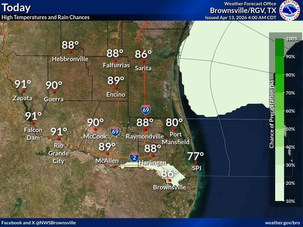 NWSBrownsville's tweet image. Here are the forecast low temperatures and rain chances for Deep South Texas today. #txwx #rgv #spi