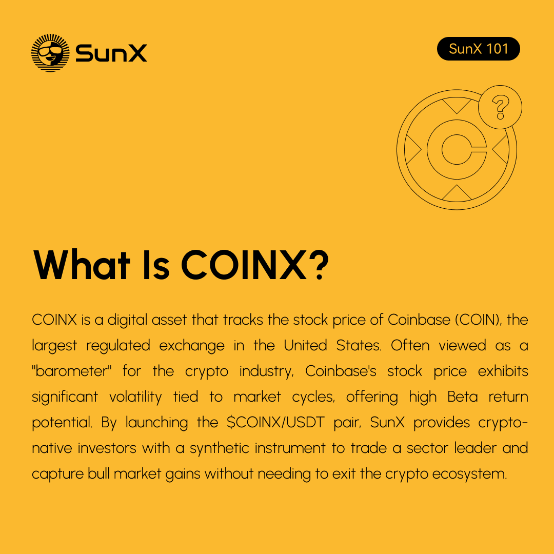 SunX_DEX's tweet image. SunX 101 Lesson 4⃣7⃣ | What Is COINX?

Coinbase @coinbase is the largest regulated crypto exchange in the U.S., often seen as a barometer for the crypto industry. Its stock price moves sharply with market cycles.

$COINX is a tokenized asset that tracks #Coinbase stock 1:1