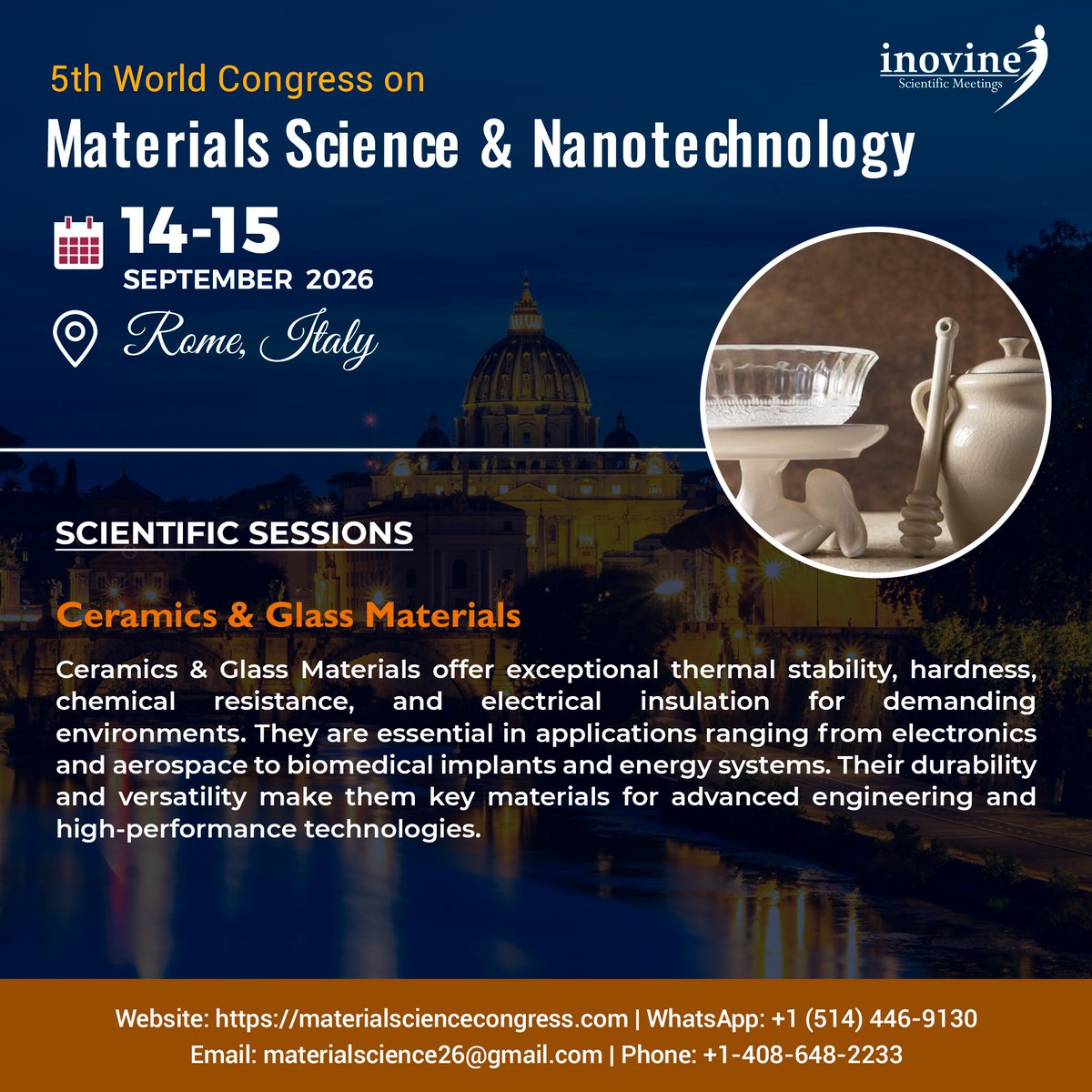 InovineMeetings's tweet photo. 🚀 Exciting Announcement!
5th World Congress on Materials Science &amp; Nanotechnology!
📅 September 14–15, 2026
📍 Rome, Italy | Hybrid Event
🔗 https://t.co/Pif8EtkaOx

#ceramicstudio #glassmaterials #engineeringstudent #advancedmaterials https://t.co/W8UmenRcRu