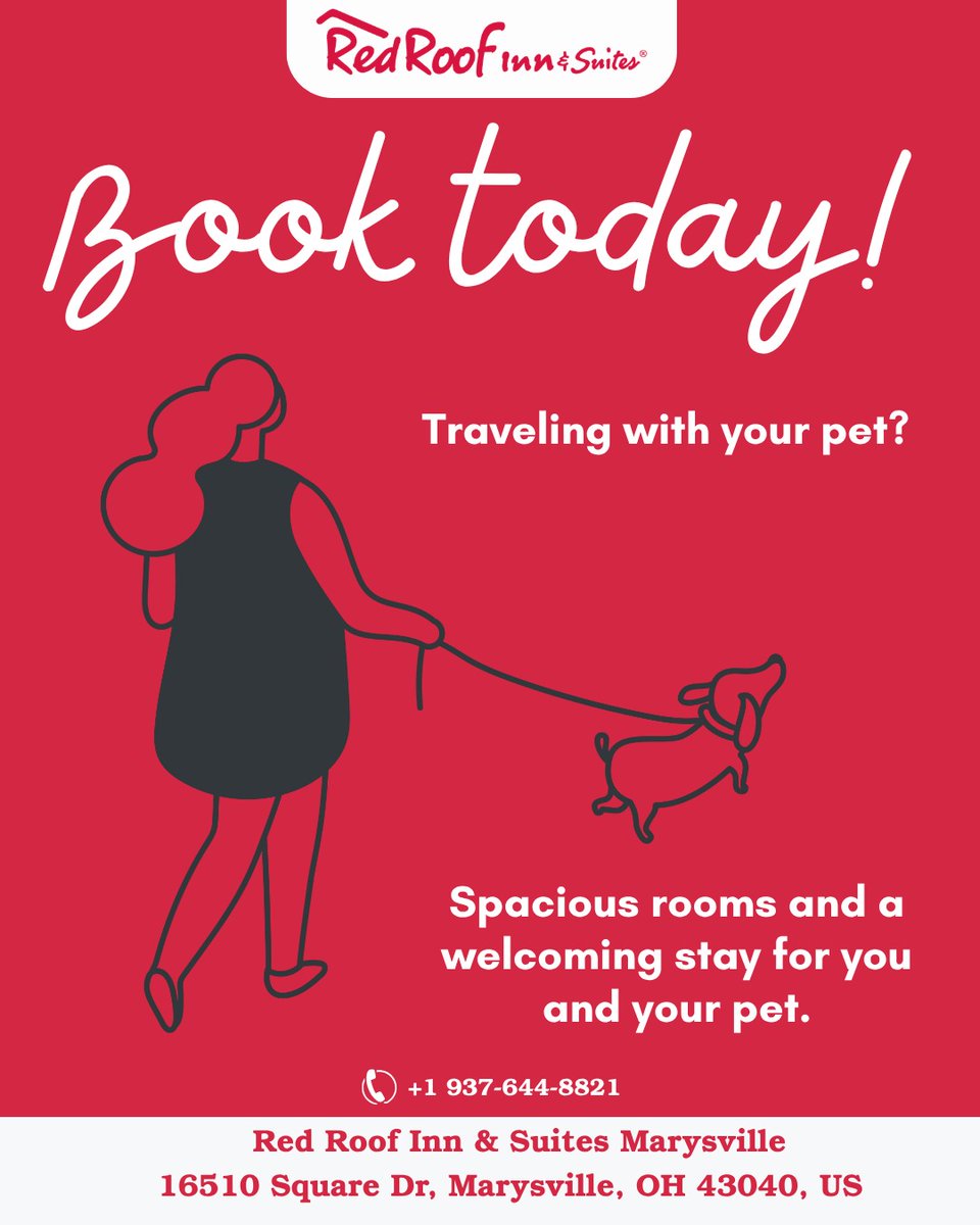 RoofRedoh's tweet photo. 🐾 Traveling with your pet? We’ve got you covered!
Enjoy spacious rooms and a welcoming stay for both you and your furry friend. Because pets are family too! ❤️
🏨 Red Roof Inn &amp; Suites Marysville 
🌐 Book @ https://t.co/rE0i3U1705
#PetFriendlyHotel #TravelWithPets #RedRoofInn https://t.co/Sbb7XoF36Y