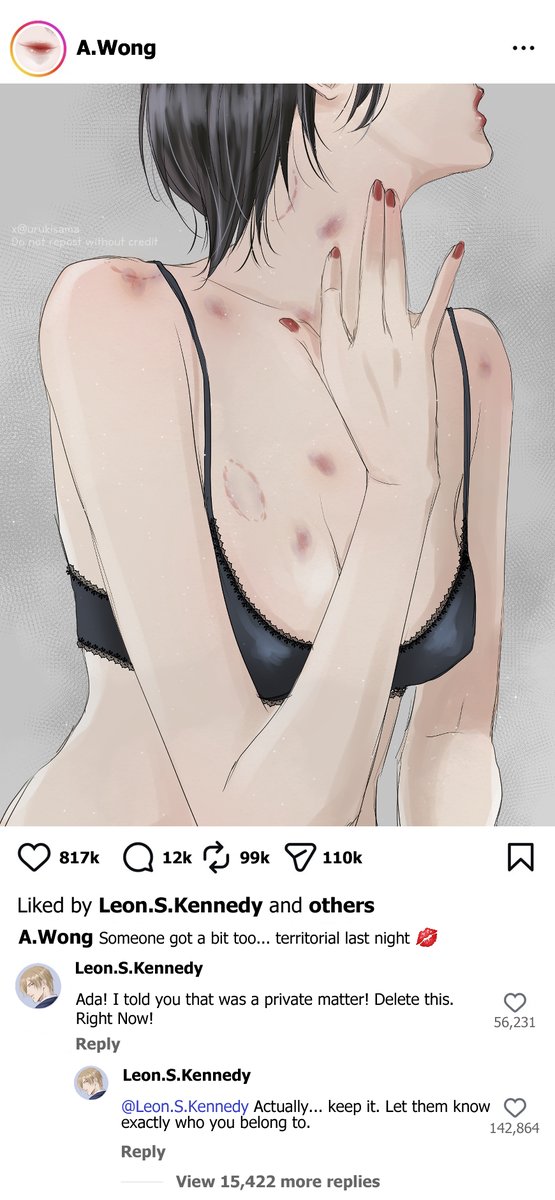 urukisama's tweet image. ขอบคุณคู่นี้ที่ทำให้กลับมาขยันวาดรูป ทั้งโด ทั้งฟิค ไม่เสร็จซักอย่าง ลงอันนี้ไปก่อนละกัน
#Aeon Let’s check out Ada's IG! 🤣
do not repost without credit
pose ref pinterest
#AdaWong #LeonKennedy #ResidentEvil