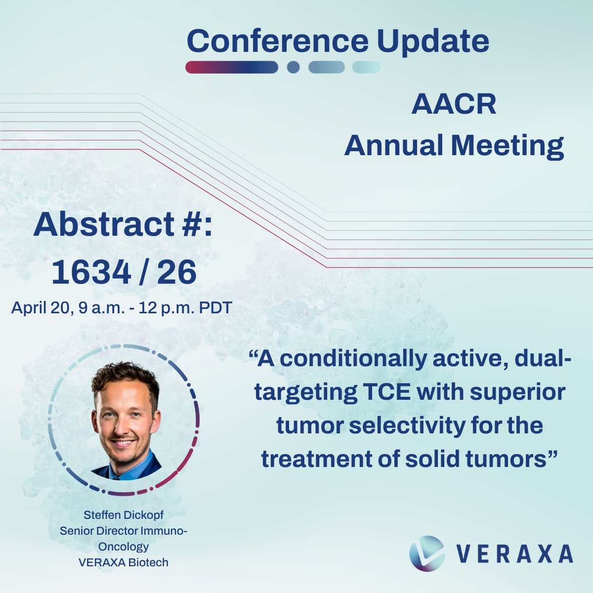 VERAXABiotech's tweet photo. At this year's @AACR Annual Meeting 2026, we will present preclinical data on two of our pipeline programs and share insights on the capabilities of our novel #BiTAC technology platform.

#VERAXA #VRXA #Oncology #ADCs #TCEs #AACR26 https://t.co/fbzlUAhLvf
