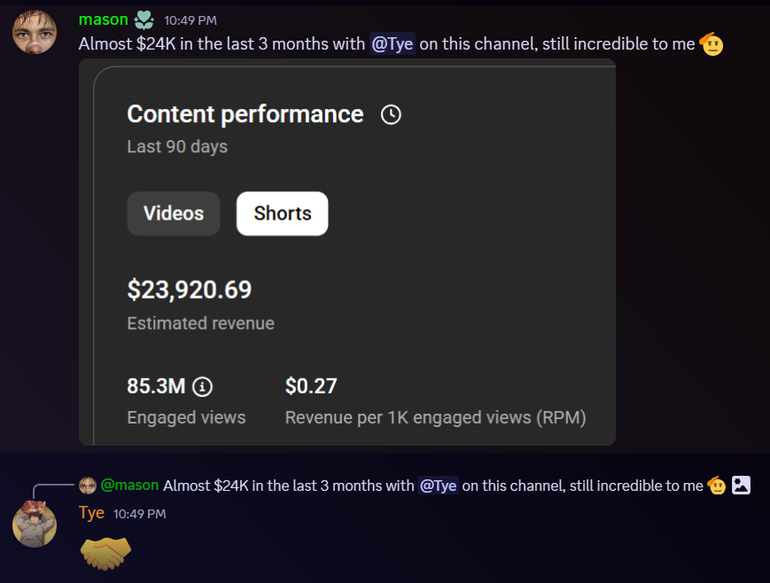 tye1337's tweet image. mason has made $23,920.69 in 3 months working with me

if you apply to work with me, and somehow don't get monetized in 90 days...

then you get a complete refund (no questions asked)

apply here → shortsacademy.gg