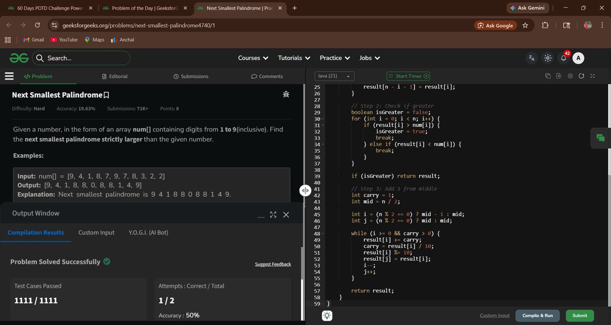 anchal_dwi38198's tweet image. Day 50/60 — #GeekStreak60 
POTD: Next Smallest Palindrome
 Mirror left → right, then handle middle carry
 If not greater → increment middle &amp;amp; propagate
 Handle all 9’s → [1, 0, ..., 0, 1])
@GeeksforGeeks@NPCI_NPCI#DSA #Array #Math #100DaysOfCode