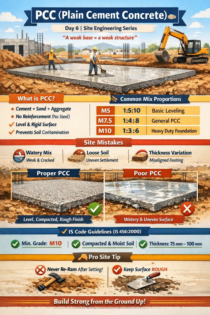 sumantanandy767's tweet image. On your site, do you prefer a 75 mm thick PCC or a 100 mm thick one for residential projects? Let’s hear your site standards! 👇
​#CivilEngineering #ConstructionSite #PCC #IS456 #ConcreteTechnology #SiteEngineer #EngineeringTips