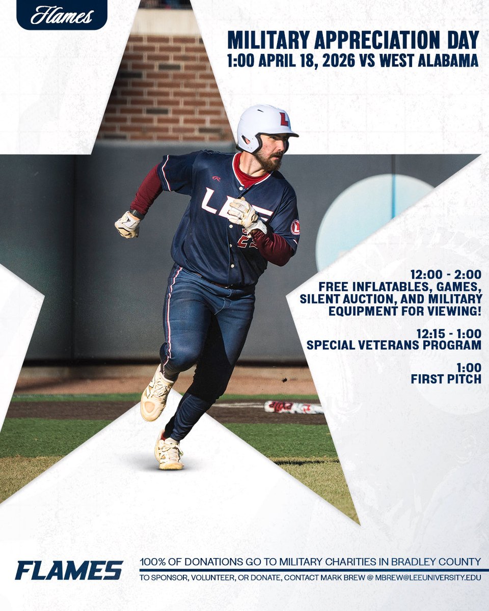 LeeUBaseball's tweet photo. Excited to host these heroes in our community Saturday through our Military Appreciation Day. Join us at the Carp on as we honor these patriots with a special pregame veteran laden program. #FiredUp https://t.co/wAfxrnxDHD