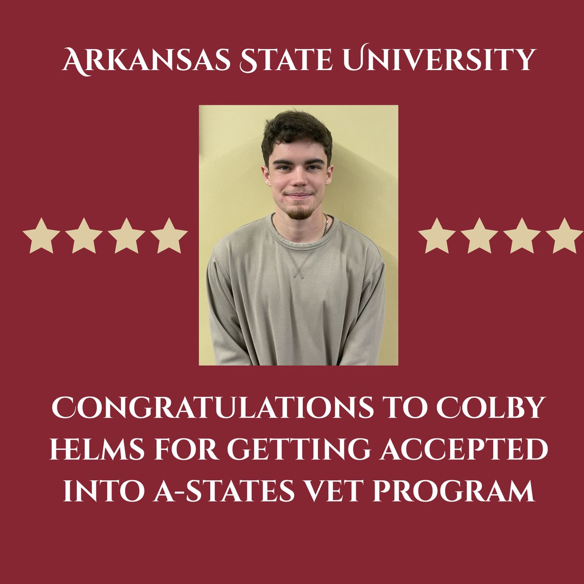 mac_sau's tweet photo. Congratulations to Colby Helms on being accepted into Arkansas State University! He’ll be part of A-State’s very first class of veterinary students, which is an incredible achievement and exciting opportunity—wishing him all the best as he begins this amazing journey! https://t.co/q5cp9QGLsa