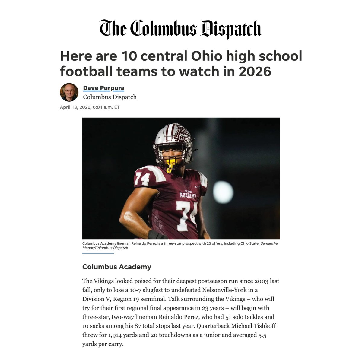 AcademyVikings's tweet photo. Football: Academy is listed by @DispatchPreps as one of "10 Central Ohio football teams to watch" this coming fall! Our reigning CBL-champion Vikes, under @CACoachMiller, return starters at multiple positions including 3-star lineman Reinaldo Perez &amp; quarterback Michael Tishkoff. https://t.co/Czi5k7Kkgq