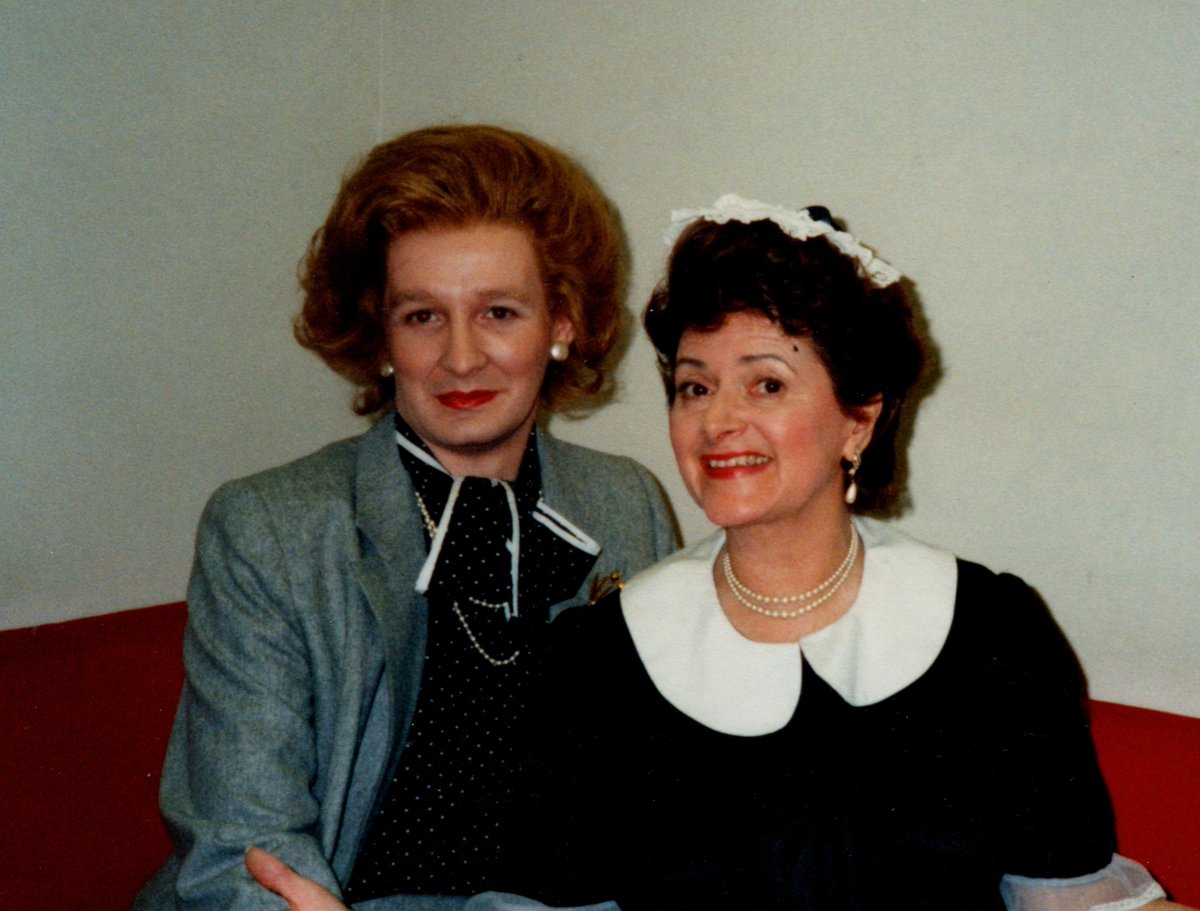 SteveNallon's tweet photo. From the archive. A picture with me as Thatcher with Cynthia Payne,  aka 'Madam Cyn', brothel keeper and all round national treasure. I remember she passed to me the wisest words I've ever heard, "Stephen, men don't make not sense until they've been de-spunked." This philosophical advice, I believe, is up there with anything ever expressed by Plato, Nietzsche, or Cicero. And I apply it daily.