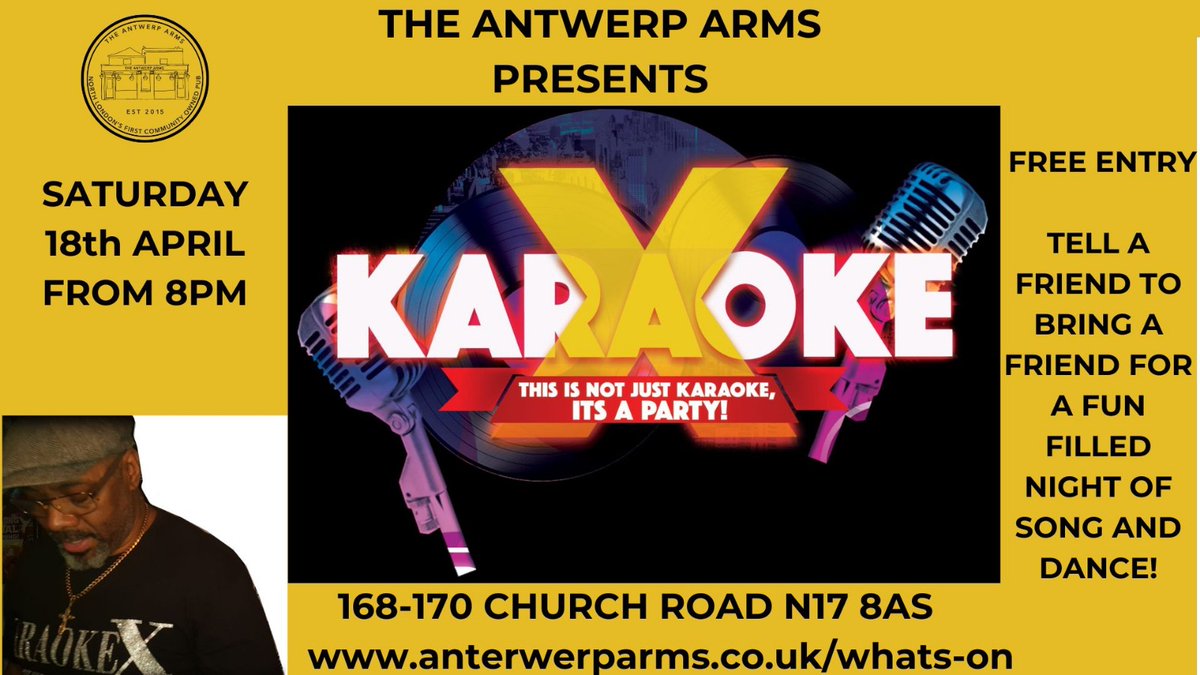 AntwerpArmsAsoc's tweet image. What's on at The Antwerp this week?

Tues
Poetry 7.30 pm.Spins and Needles 4.00pm

Weds
Irish Music - 7:30pm onwards.

Thurs
Pub Quiz - 7:30pm for 8pm start.

Fri
DJ Victor Anderson 8.00 pm

Sat
Karaoke 8.00 pm

#northlondonpub #livemusic #craft