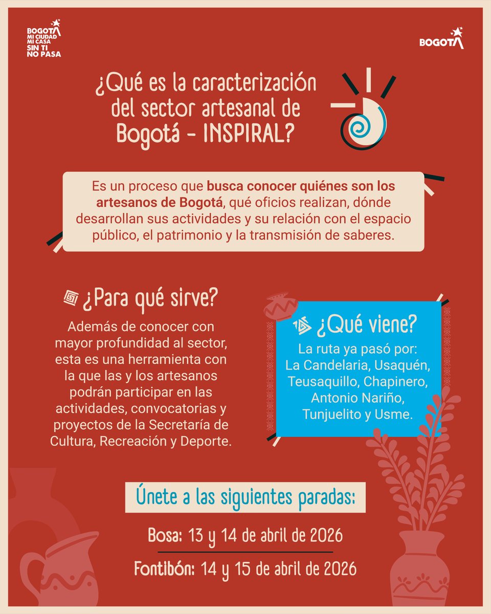 CulturaenBta's tweet photo. En Bogotá hay historias que se tejen, se moldean y se crean todos los días… y queremos conocerlas. 👏🏻✨
Te invitamos a sumarte a la ruta de Fortalecimiento del Sector Artesanal #INSPIRAL en nuestras próximas jornadas de caracterización; un espacio abierto para reconocer los oficios, saberes y formas de trabajo que hacen parte de la ciudad, y conectar a más personas con oportunidades y procesos culturales.
✅ La ruta continúa y ahora llega a Bosa y Fontibón. Podrás participar el 13 y 14 de abril en la Biblioteca Pública de Bosa, y el 14 y 15 de abril en la Biblioteca Pública de Fontibón.
¡Te esperamos!