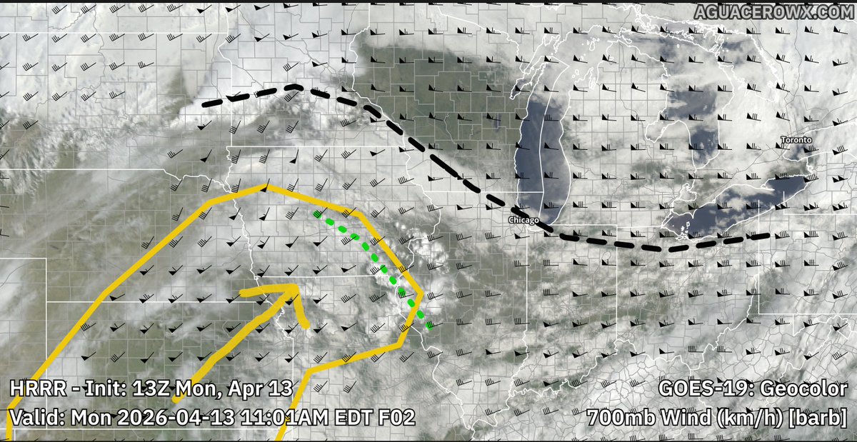 Spotty showers are riding the 700 jet nose/dry punch north. Once it reaches the diffuse boundary draped across the midwest/GLs stronger storms will fire off.