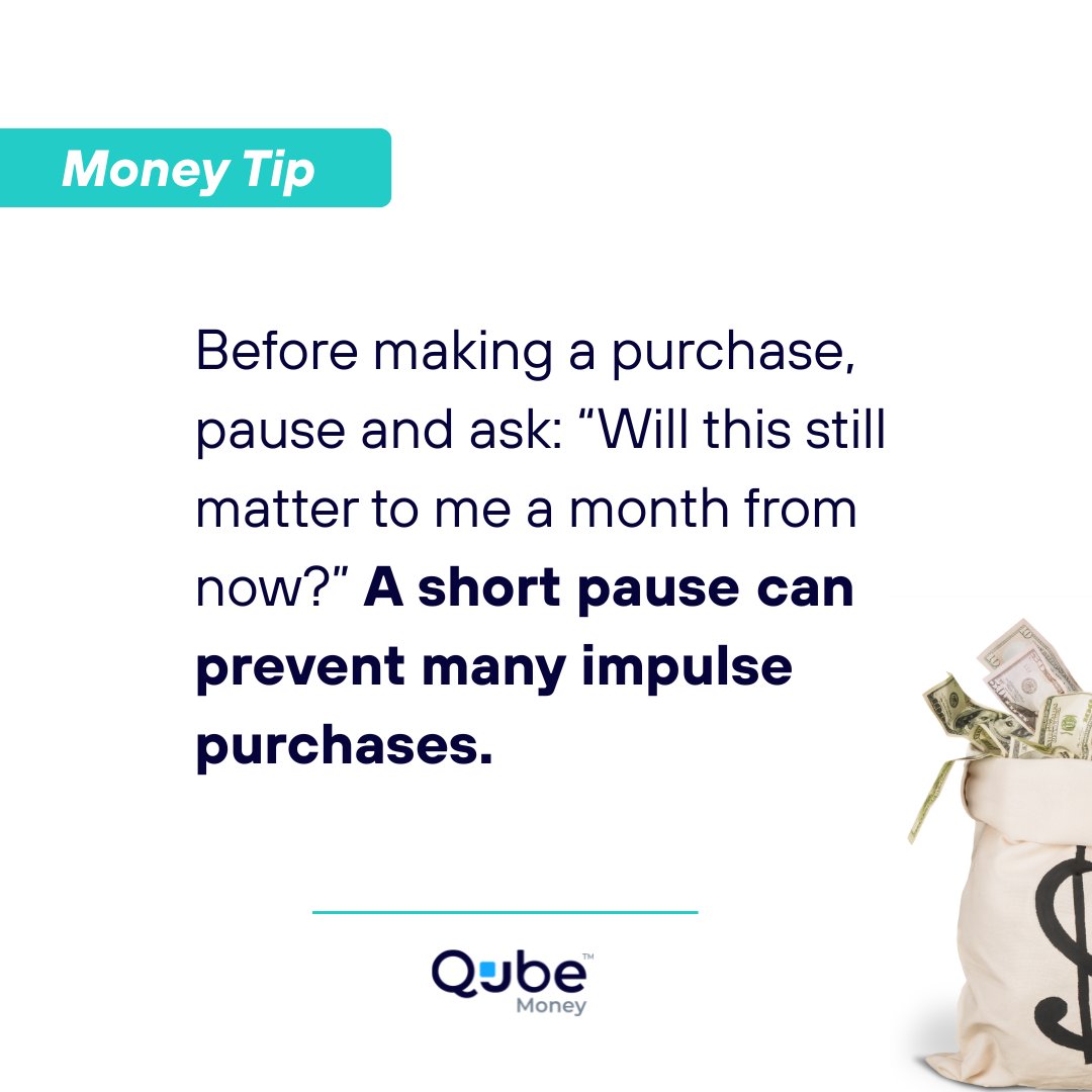 qubemoney's tweet image. A little space between the urge to buy and the decision to spend can make a big difference over time. 

#QubeMoney #MoneyTips #IntentionalSpending #Savings #BudgetFriendly