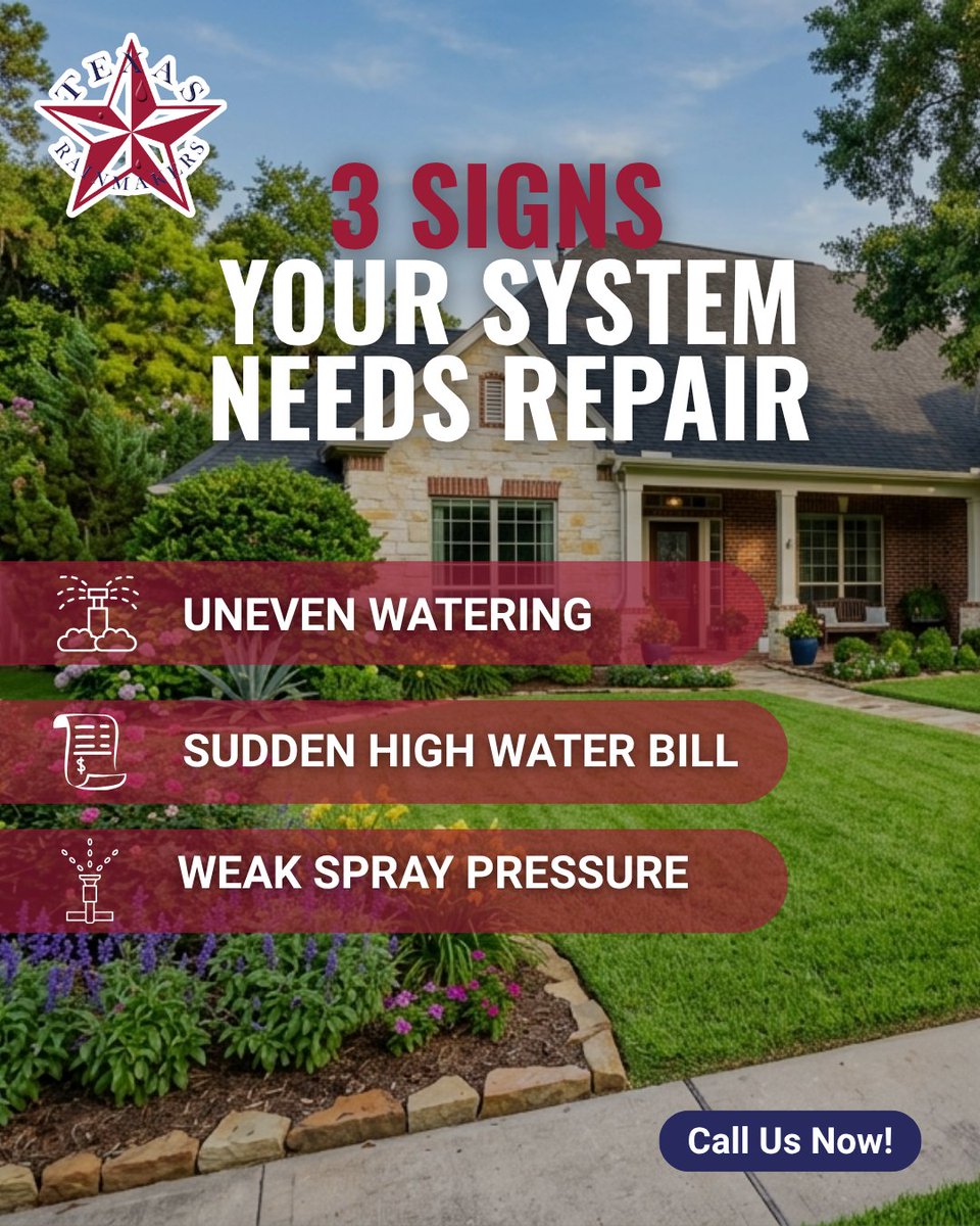 TexasRainmakers's tweet image. If your system shows these signs, it’s time to fix it before bigger issues happen. Small problems now can turn into costly repairs later 💧
#humbletx #sprinklersystem #irrigationtips 🛠️