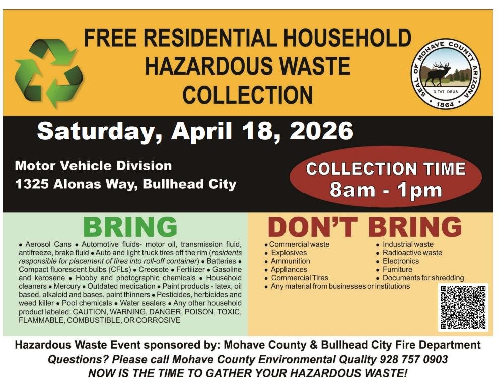 BullheadFire's tweet photo. Free Residential Household Hazardous Waste Collection Event this Saturday, April 18th, from 8:00 AM to 1:00 PM.

This event will be held at the Motor Vehicle Division, located at 1325 Alonas Way, Bullhead City, AZ. https://t.co/PKiOUj4GLY