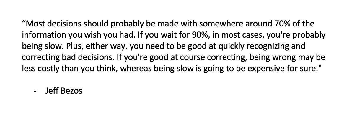 prateek_invest's tweet image. This quote from Bezos really resonates with me.  Making decisions with 70% of the info and being ready to course-correct is key!  Being slow costs more than being wrong. What's your take?  #DecisionMaking #Bezos