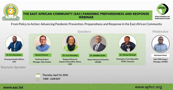 CKyobutungi's tweet image. #IamAPHRC is co-hosting the EAC Pandemic Preparedness and Response Webinar: *From Policy to Action – Advancing Health Security in the EAC Region* alongside the East African Community (EAC) Secretariat.

📅 Thursday, April 16 | 🕒 15:00 – 16:30 EAT

This webinar spotlights the