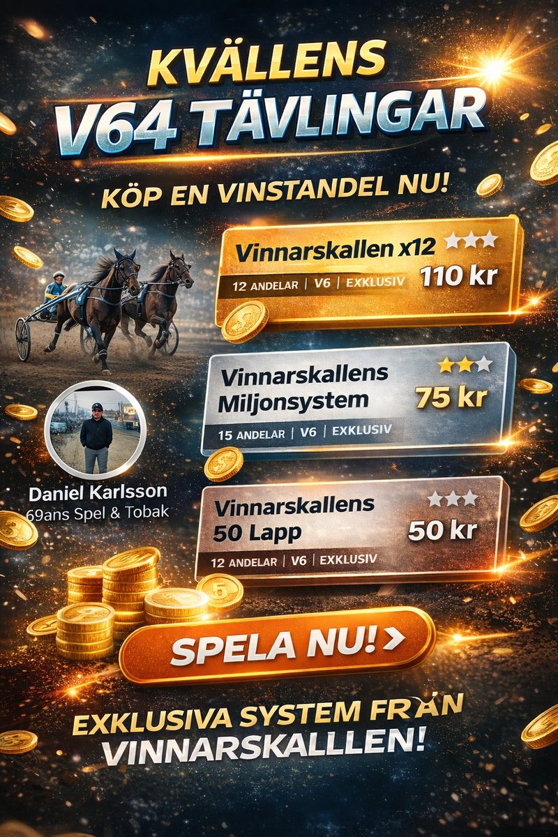 V64 Måndag Eskilstuna start 19.30

🔥Vinnarskallen andelar mellan 50 och 110 kr hittas här:
atg.se/butik/69ansspe…

Välkomna 🙂👊