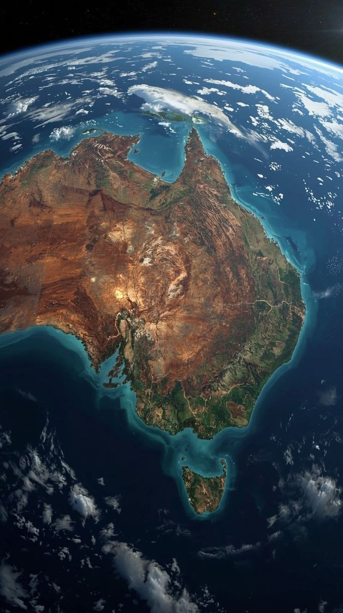 :From the edge of space, Australia reveals its soul in one unforgettable sweep.The fiery red heart of the Outback — that vast, ancient desert — dominates the continent, glowing like ember under the sun. It’s dramatically framed by the deep sapphire blues of the surrounding Indian