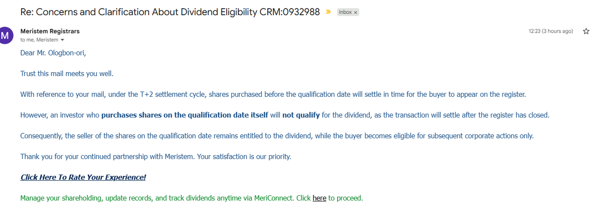 StockmanNigeria's tweet image. T+2 Rule &amp;amp; Dividend Eligibility Explained
=========
Buying on Qualification Date Means No #Dividends 

It is important to note that investors who purchase shares on the qualification date will not be eligible for the declared dividend. 

This is due to the T+2 settlement cycle,