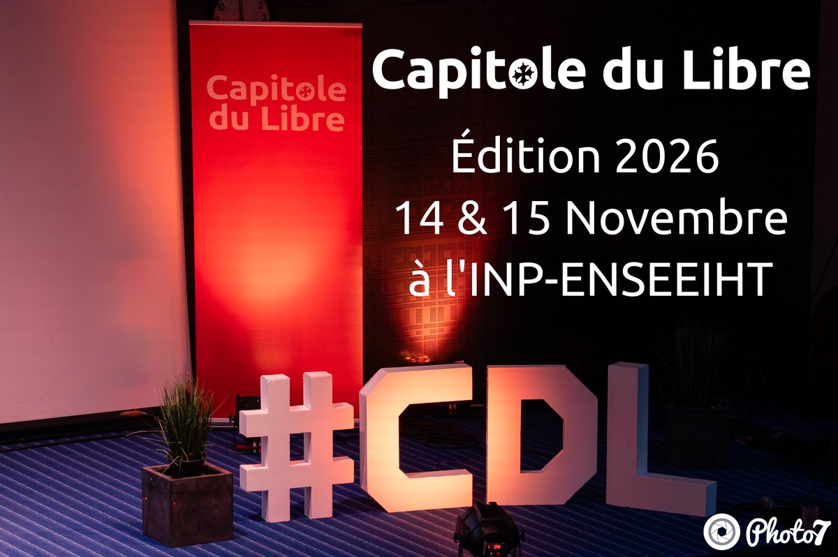 capitoledulibre's tweet photo. Le Capitole du Libre revient les 14 &amp; 15 novembre 2026 à Toulouse (INP-ENSEEIHT) 🎉

La communauté du libre se retrouvera pour deux jours de conférences, ateliers et échanges.

Le CFP est ouvert : proposez vos sujets !

https://t.co/3epFqSPG8x https://t.co/sFKpHLivkY