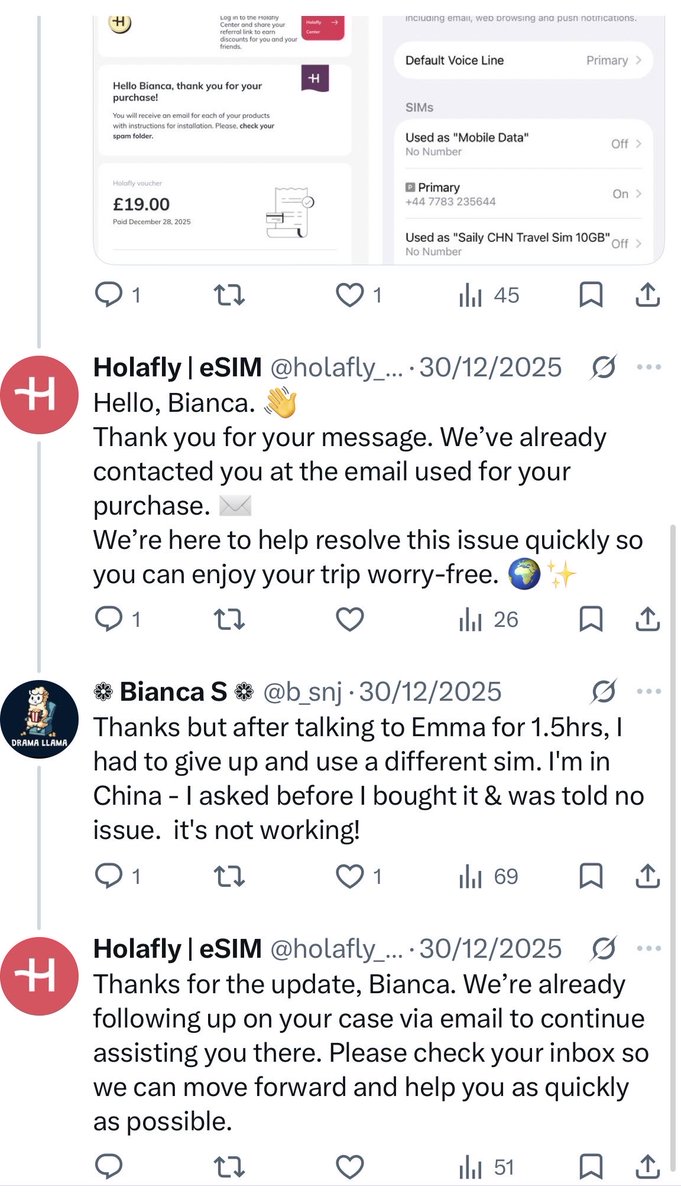 b_snj's tweet photo. @holafly_com @helpcenter68 It's too late to try and fix. Emma gives me the run around. A reminder of Dec'25 disaster, this was another repeat. I am expecting refund from you as I wasted £45. Routing through HK is no good! https://t.co/37GSHK9uSX