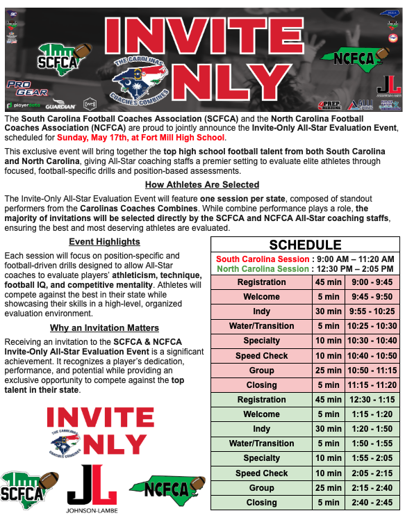 CoachesCombines's tweet photo. Information about the Invite Only⬇️⬇️⬇️

SC Registration: 9:00am
NC Registration: 12:30pm
@SCFCA1 @NCCoachesAssn @NC_FB_Connect @iguerin @LouatTheState https://t.co/Zjgqb9HQxQ