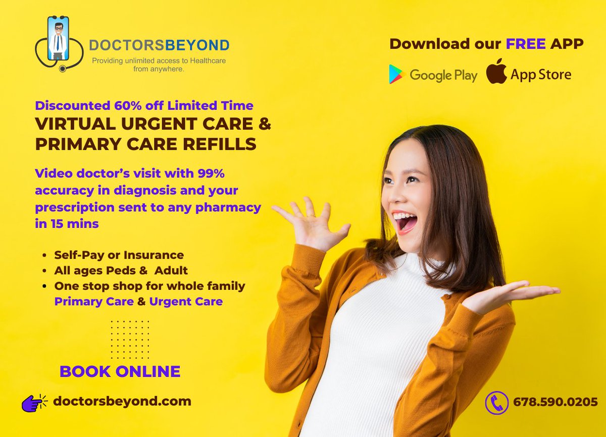 DoctorsBeyond's tweet image. DOCTOR'S VISIT + PRESCRIPTION + WORK OR SCHOOL EXCUSE starting at $5 .Self-Pay and Insurance accepted. Get diagnosed virtual with 99% accuracy and treated in 15 mins. Get your in-person visit virtually today at doctorsbeyond.com
#urgentcare #doctor #cough #worknote #sick