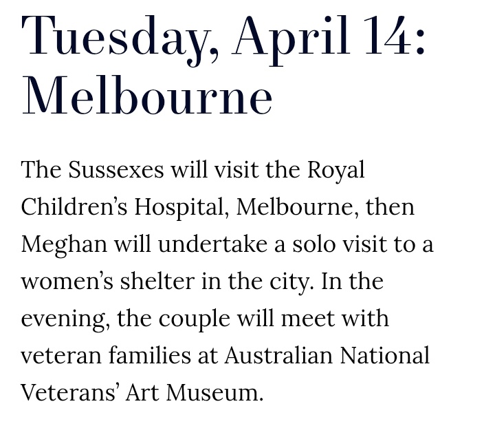 LyleSckeepers's tweet image. Their Royal Highnesses, The Duke &amp;amp; Duchess of Sussex start their 4-day Trip to Australia 🇦🇺 TODAY! (which is Tuesday due to time differences.) 

•You will get their itinerary for their first day (Tuesday, April 14) here under!
#PrinceHarry #DuchessMeghan