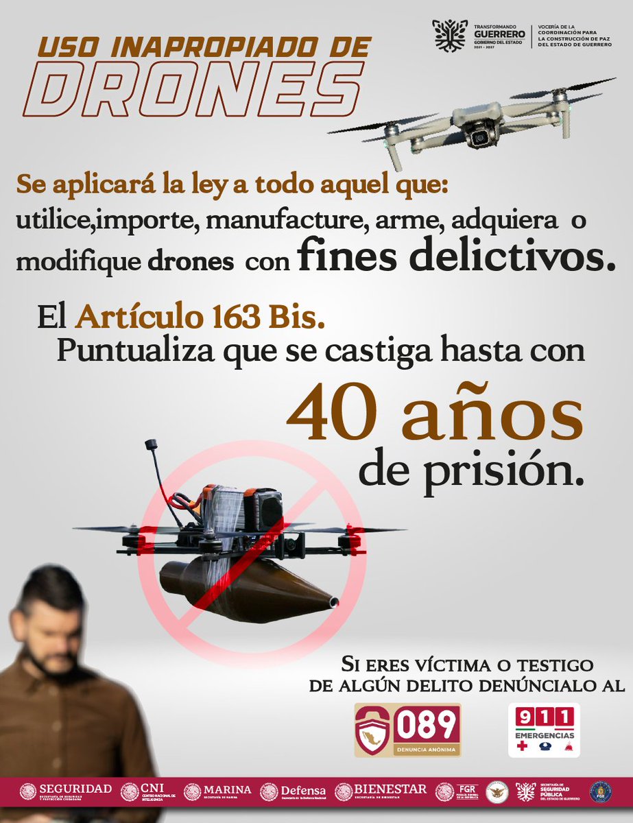 🔴 Conoce sobre las medidas adoptadas para regular el uso de drones y prevenir actividades delictivas. Si conoces o eres víctima del uso indebido de los drones, denuncia al 911 o al 089. 
#TransformandoGuerrero