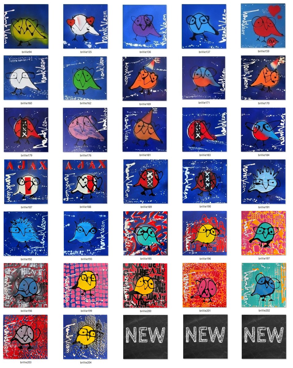 Nieuwe serie BRILLIES ON THE MOVE van kunstenaar Henk Veen.
Welke wil jij hebben? Wees er razendsnel bij!
Formaat 20 x 20 cm.
Prijs per stuk: 25 euro.
Interesse? Whatsapp 06-28135247

En natuurlijk ook de Wild Ones/Funnies, wilde beestjes die leuk zijn of een gekke naam hebben.