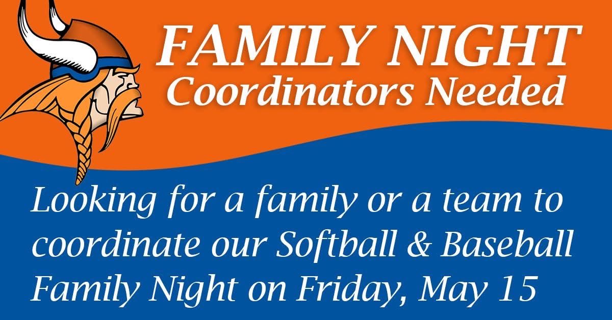 We need a coordinator (or team!) for our Softball &amp; Baseball Family Night on May 15 ! ⚾🥎

Help plan the fun—games, music, prizes &amp; more. Past coordinators can guide you, and with 14 games scheduled, it’ll be a great crowd!

Interested? email visivikingbaseball@gmail.com
