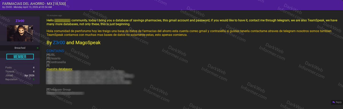 DarkWebInformer's tweet image. ‼️🇲🇽 Threat actor Z3r00 claims to have leaked a credential list containing 18,530 records from Mexican pharmacy chain Farmacias del Ahorro, including email addresses and passwords.

Sample credentials were provided as proof.