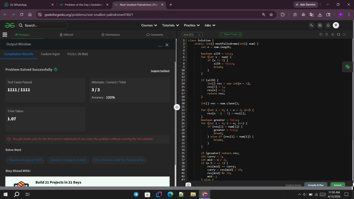 vidant92's tweet photo. Day 54 of #GFG60Days Challenge
Solved: Next Smallest Palindrome.
@geeksforgeeks
@NPCI_NPCI
#geekstreak60 #npci https://t.co/8NfTBxXrgz