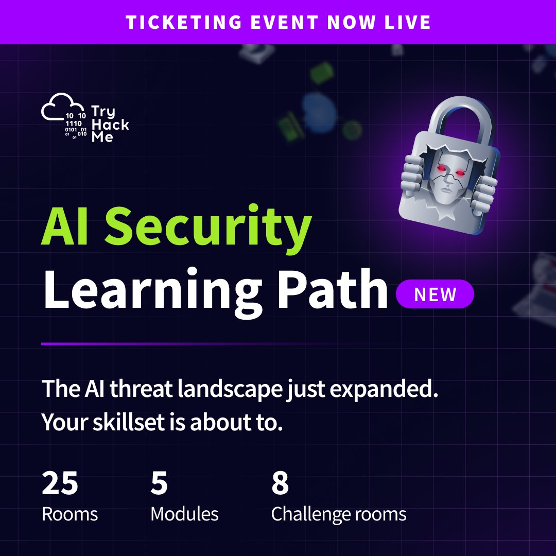 tryhackme's tweet image. Introducing the AI Security Learning Path 🚀 &amp;amp; We're celebrating with a ticketing event running April 13–22 🎉 🎟️ 
25 Rooms, 5 modules, and 8 hands-on challenges where you'll interact with real LLM interfaces, attempt live prompt injections, and defend against data poisoning