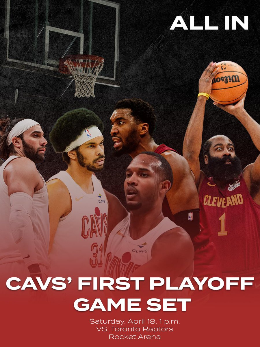 GreaterCLE's tweet image. The Cleveland Cavaliers are All In for round one of the NBA playoffs! 🏀 

The first game is Saturday, April 18 at 1 p.m., and we have home court advantage. Let's go Cavs!

🔗 Tickets: nba.com/cavaliers/play… 

#LetEmKnow #GreaterCLE #AllIn @cavs