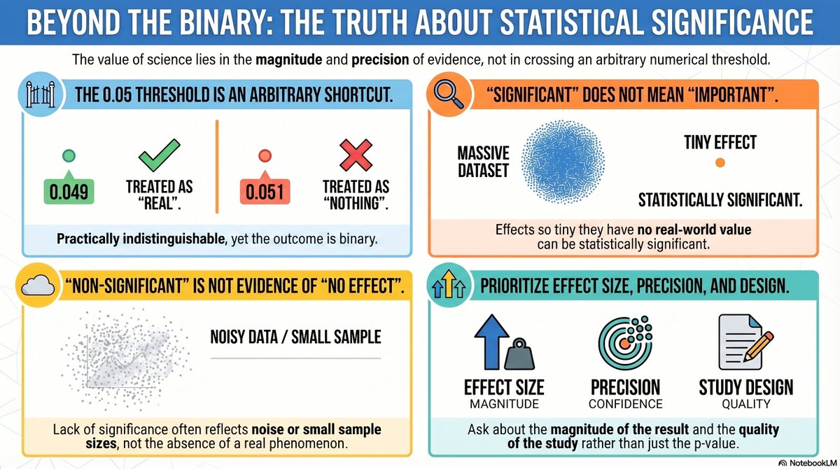 BJANALYTICS's tweet image. A result can be statistically significant and still tell you almost nothing useful. That is the flaw nobody likes to admit.👇 

🎧Listen to the audio version here: podcasts.apple.com/us/podcast/dat… 

#biostatistics #statisticalsignificance #pvalues #healthresearch #effectsize #inference