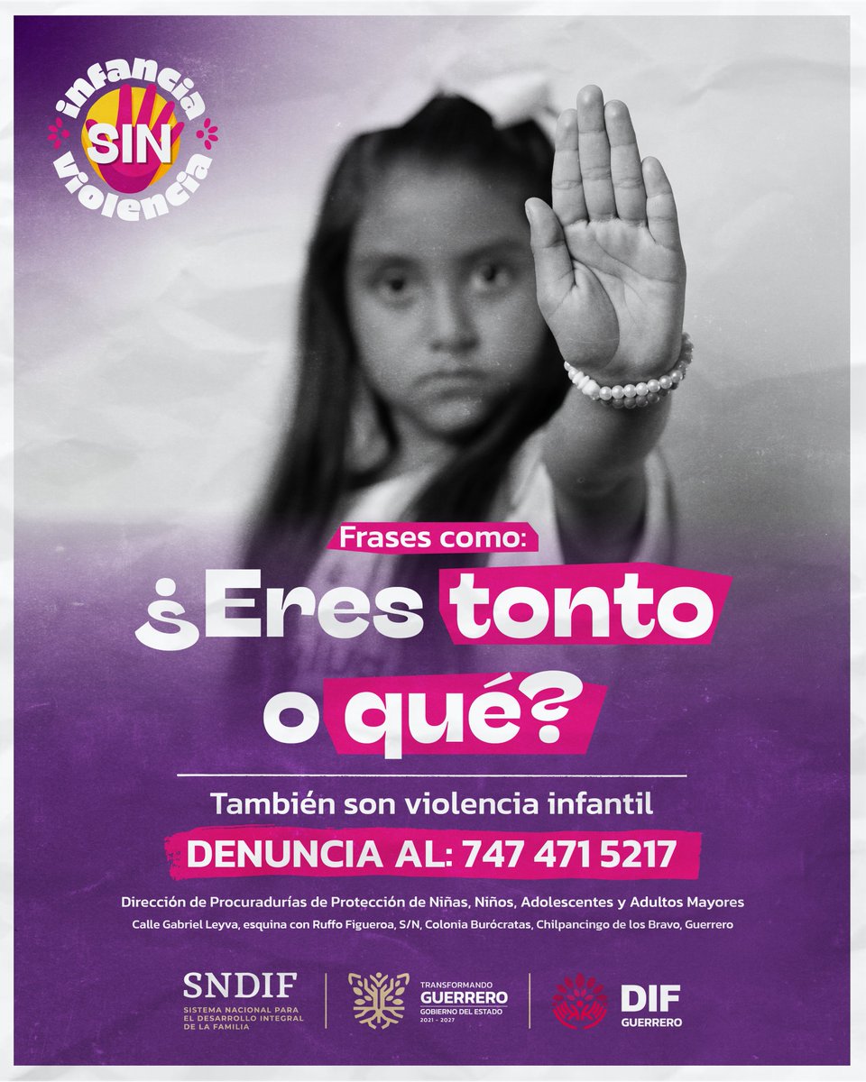 “¿Eres tonto o qué?”

Las frases que insultan afectan la autoestima, la confianza y el desarrollo emocional de niñas y niños.

#InfanciaSinViolencia
#TransformandoLasFamiliasDeGuerrero
Más información 👇
facebook.com/share/p/18M8Qx…