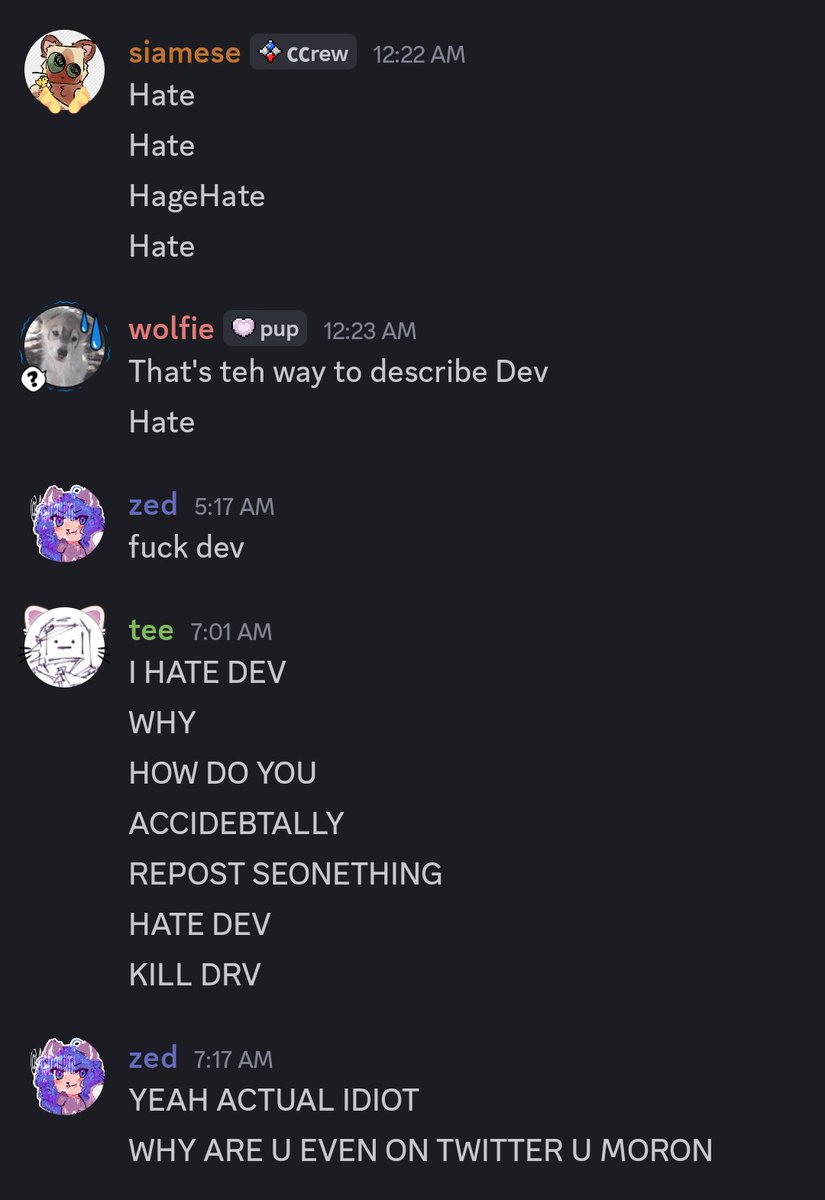 3llwolfkin's tweet image. the difference between dev chat and kier chat 😭😭😭😭😭😭😭 im cribbing